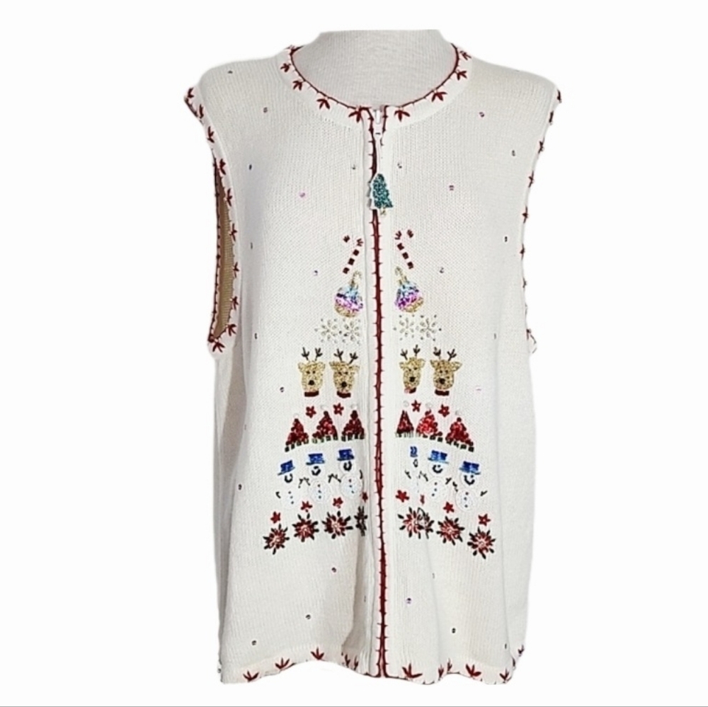 Macy's Sweater Vest Beaded Card Zip Tab Zip Front Knit Cardigan Cream Size XL